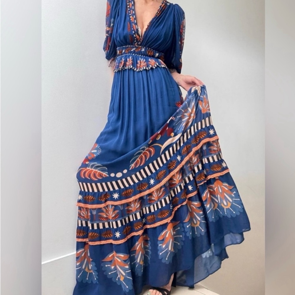 Farm Rio Nature Beauty Maxi Dress Blue Boho Print Short Sleeve Size Large NWT